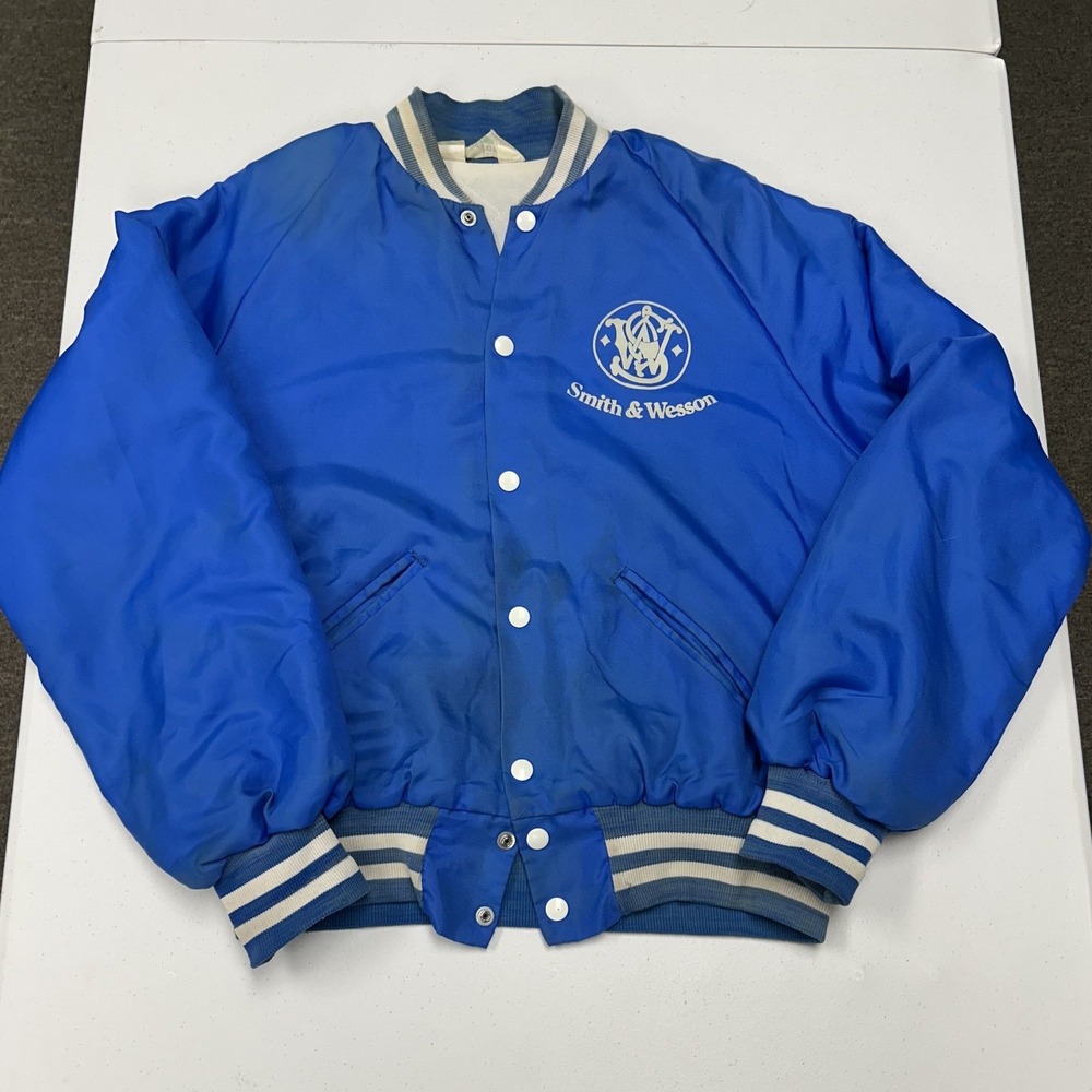 Smith & Wesson Bomber Jacket Mens S Blue Good Vintage Satin Snap Windbreaker